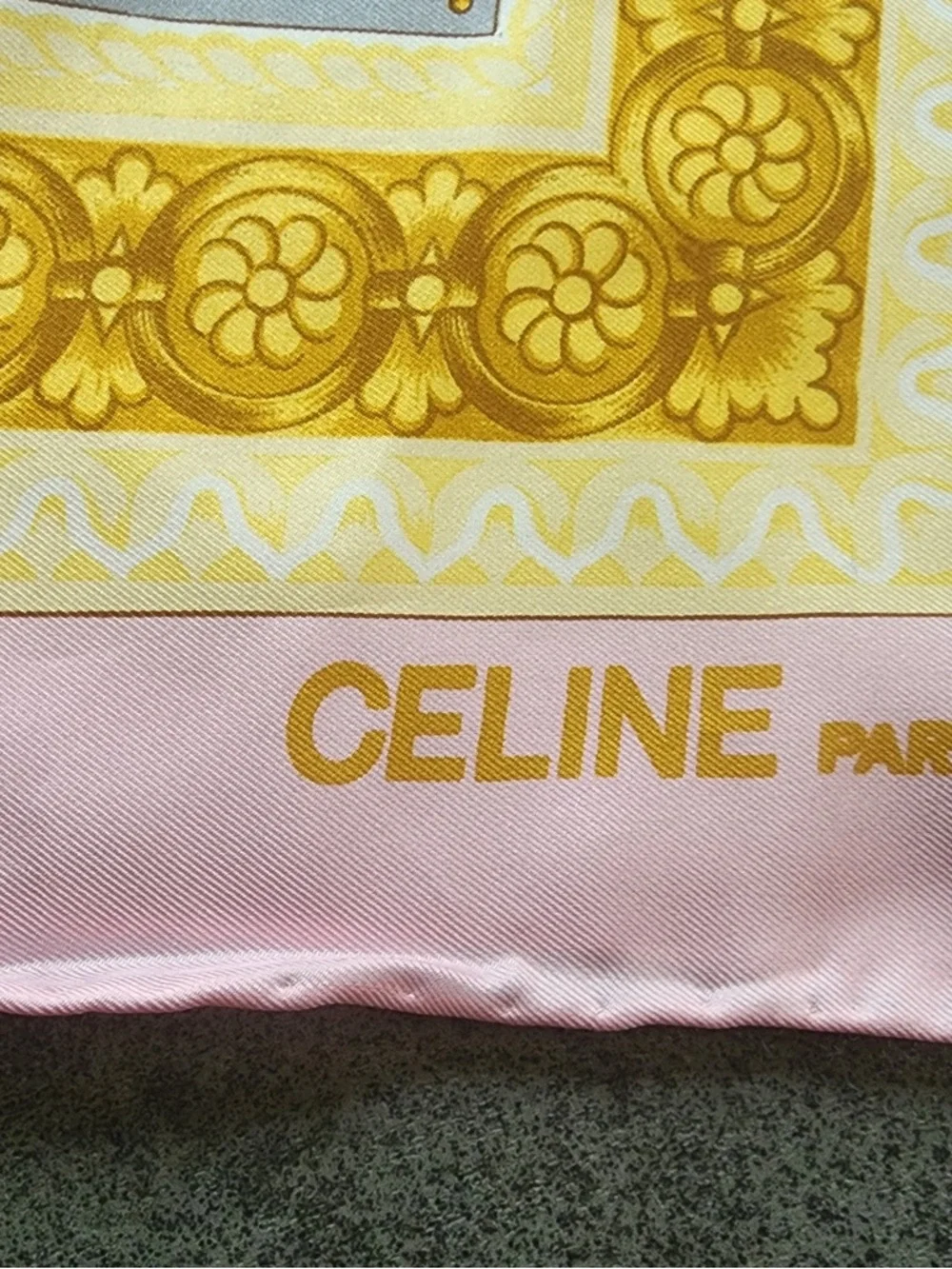 Celine Pink, Gold & Gray Silk-Style Printed Scarf - Picture 5 of 6